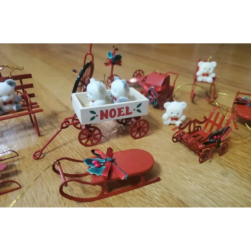 Vintage 80s Flocked Teddy Bear Christmas Ornaments Red Metal Lot Sled Wagon